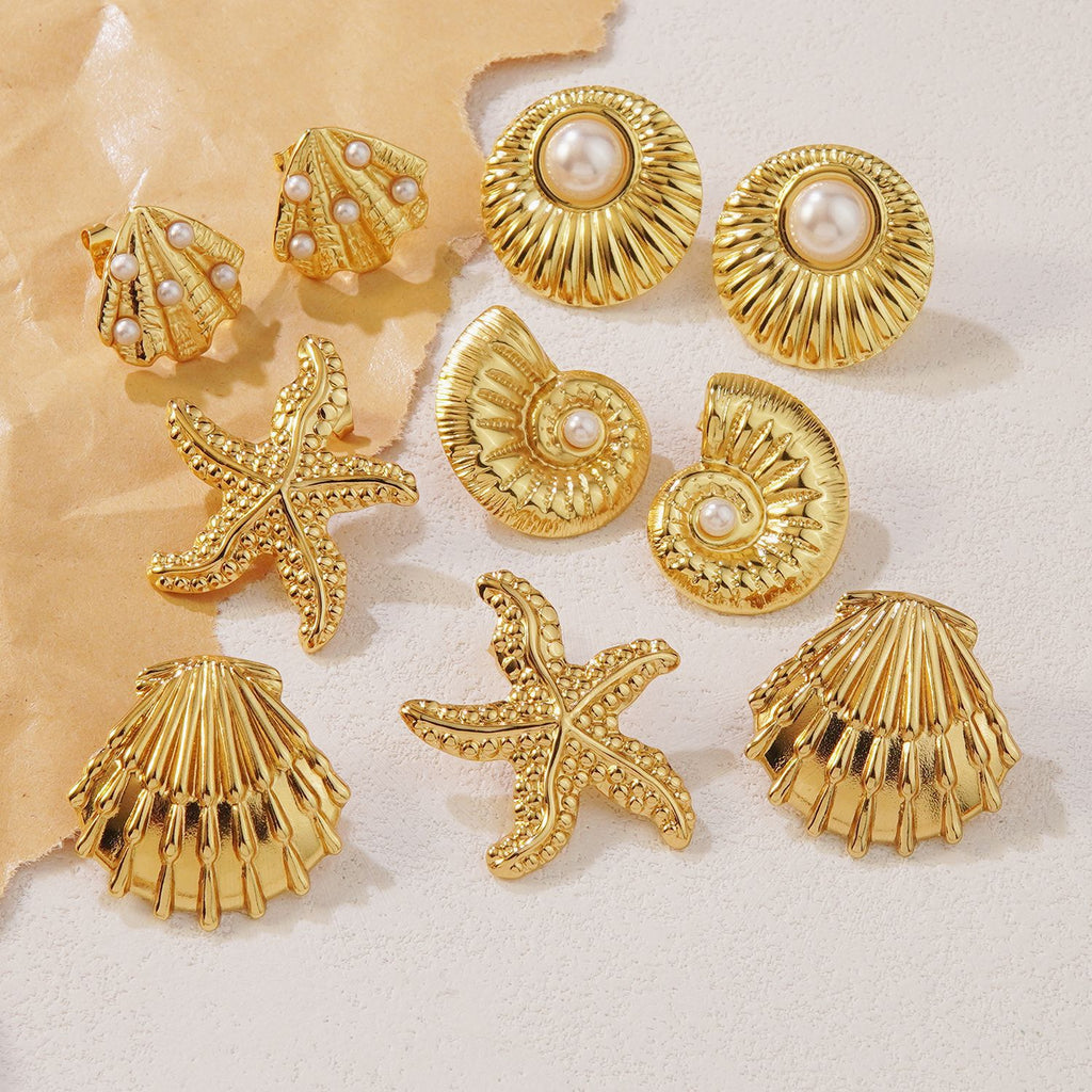 Wholesale Stainless Steel Vintage Geometric Earrings with Sea Shell Pattern - Everful